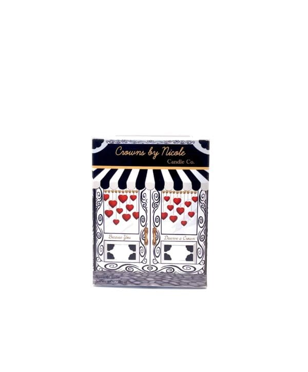 A "Ethereal for My Heart" box with a decorative pattern featuring hearts in a black, white, and red color scheme.