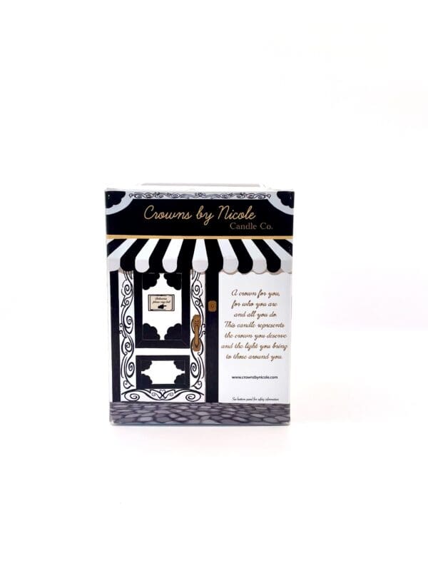 A decorative candle box labeled "Ethereal for My Heart candle co." with black and white striped design and text details.