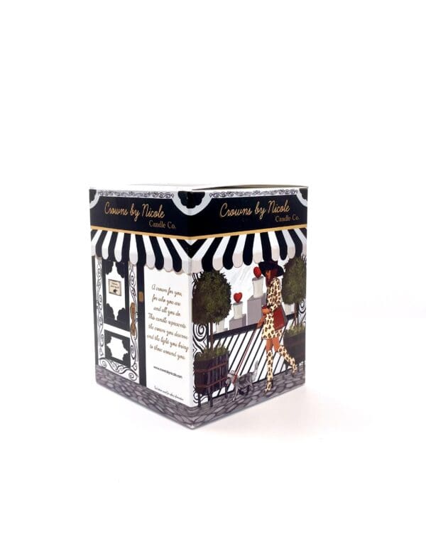 A square candle box with stylish black and white illustrations and text, featuring a chic outdoor café scene. Ethereal for My Heart