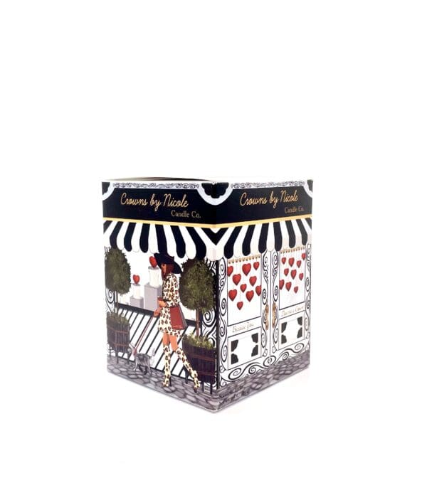 A decorative candle box with a stylish black and white striped design, featuring illustrations of a woman in fashionable attire near a café setting, called Ethereal for My Heart.