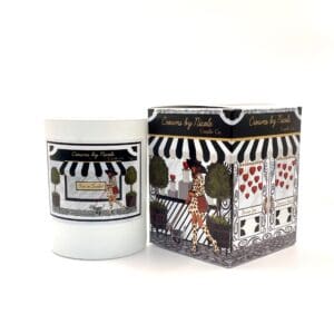 Scented candle with decorative box featuring a black and white striped design and illustrations of giraffes.
Product Name: Ethereal for My Heart candle