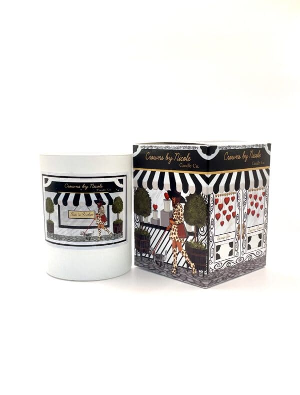 Scented candle with decorative box featuring a black and white striped design and illustrations of giraffes.
Product Name: Ethereal for My Heart candle