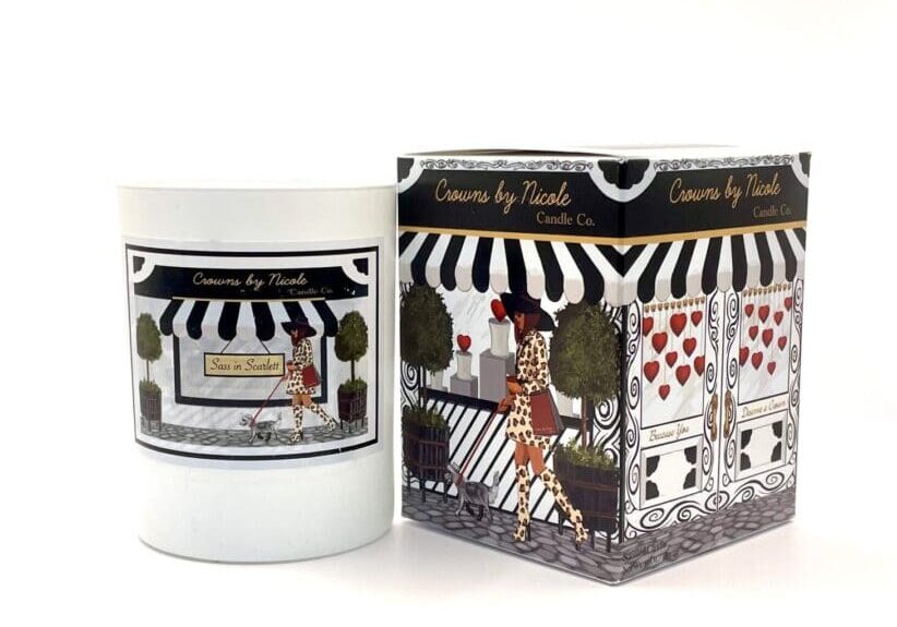 Scented candle with decorative box featuring a black and white striped design and illustrations of giraffes.
Product Name: Ethereal for My Heart candle